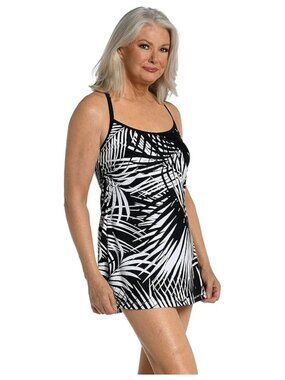 MAXINE of HOLLYWOOD Scoop Neck Swim Dress One Piece Swimsuit Palm Black/White 18